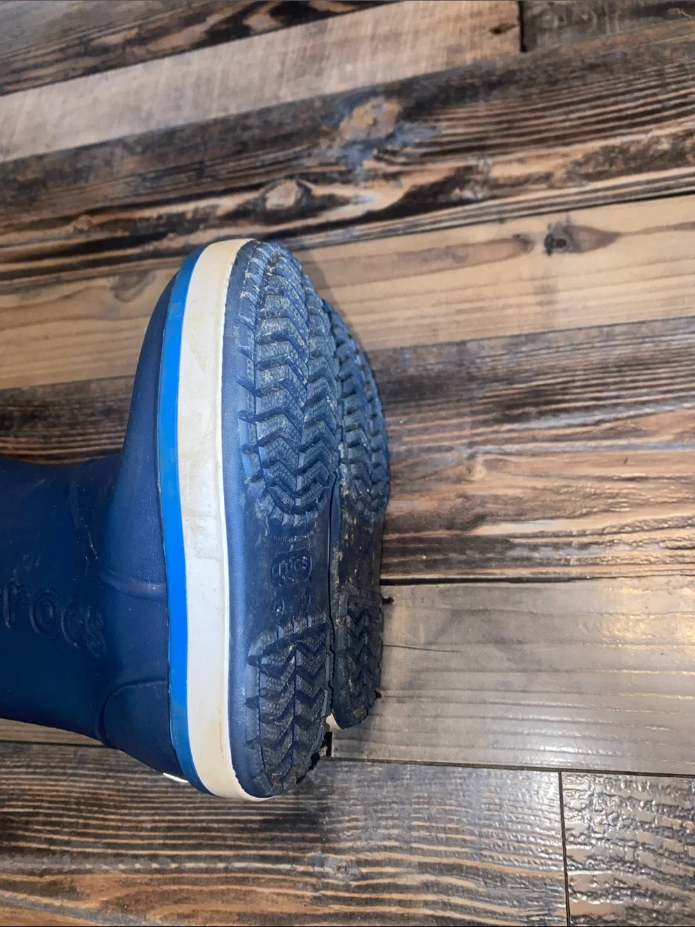 CROCS Kids Navy Blue Rain Boots with Light Blue Trim size 9C